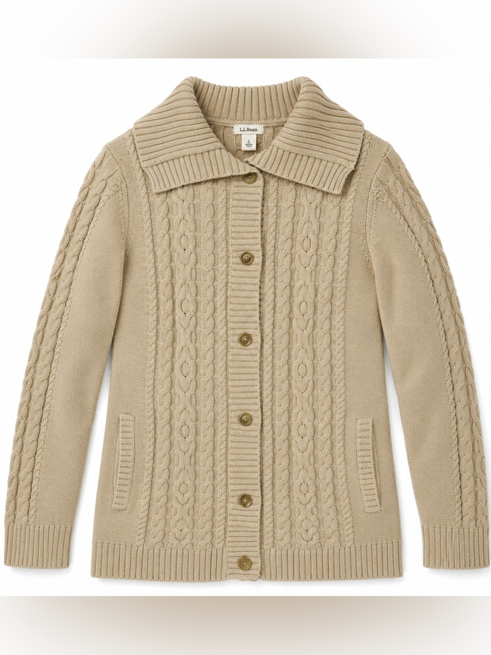 L.L. Bean Fisherman Cable Knit Cream Cardigan Size Large‎